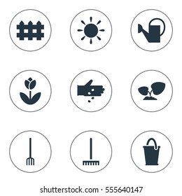 Set Of 9 Editable Plant Icons. Includes Symbols Such As Bucket, Hay Fork, Soil Plant And More. Can Be Used For Web, Mobile, UI And Infographic Design.
