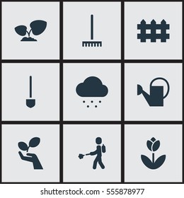 Set Of 9 Editable Plant Icons. Includes Symbols Such As Plant Spray, Plant Protection, Farm Tool And More. Can Be Used For Web, Mobile, UI And Infographic Design.