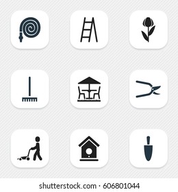Set Of 9 Editable Plant Icons. Includes Symbols Such As Farm Tool, Shovel, Hosepipe And More. Can Be Used For Web, Mobile, UI And Infographic Design.