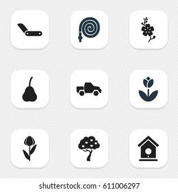 Set Of 9 Editable Plant Icons. Includes Symbols Such As Clasp Knife, Daffodils, Hosepipe And More. Can Be Used For Web, Mobile, UI And Infographic Design.