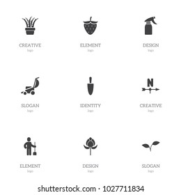 Set of 9 editable planting icons. Includes symbols such as shovel, seedling, digger human and more. Can be used for web, mobile, UI and infographic design.