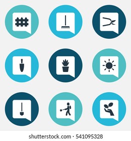 Set Of 9 Editable Planting Icons. Includes Symbols Such As Plant Cutter, Farm Tool, Plant Spray And More. Can Be Used For Web, Mobile, UI And Infographic Design.