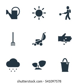 Set Of 9 Editable Planting Icons. Includes Symbols Such As Seed Planting, Rainy Cloud, Bucket And More. Can Be Used For Web, Mobile, UI And Infographic Design.