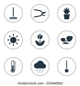 Set Of 9 Editable Planting Icons. Includes Symbols Such As Farm Tool, Pot Bush, Sunshine And More. Can Be Used For Web, Mobile, UI And Infographic Design.