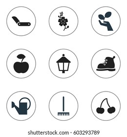 Set Of 9 Editable Planting Icons. Includes Symbols Such As Footwear, Streetlight, Berry And More. Can Be Used For Web, Mobile, UI And Infographic Design.