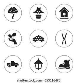 Set Of 9 Editable Planting Icons. Includes Symbols Such As Streetlight, Plant Protection, Fruit Woods And More. Can Be Used For Web, Mobile, UI And Infographic Design.