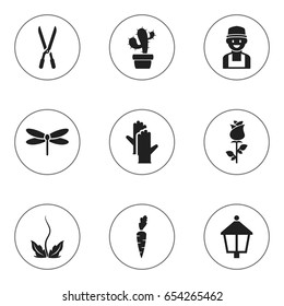 Set Of 9 Editable Planting Icons. Includes Symbols Such As Farmer, Ranunculus, Cacti And More. Can Be Used For Web, Mobile, UI And Infographic Design.