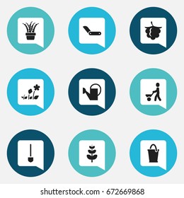 Set Of 9 Editable Planting Icons. Includes Symbols Such As Bailer, Blackberry, Bucket And More. Can Be Used For Web, Mobile, UI And Infographic Design.