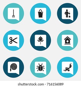 Set Of 9 Editable Planting Icons. Includes Symbols Such As Digger Human, Vacuum Cleaner, Beetle And More. Can Be Used For Web, Mobile, UI And Infographic Design.