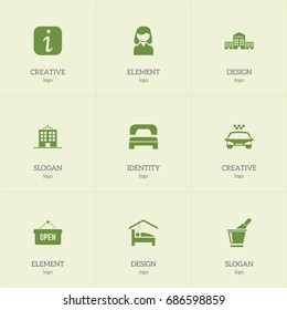 Set Of 9 Editable Plaza Icons. Includes Symbols Such As Hostel, Sleeping, Information Sign And More. Can Be Used For Web, Mobile, UI And Infographic Design.