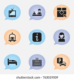 Set Of 9 Editable Plaza Icons. Includes Symbols Such As Information Sign, Mattress, Trolley And More. Can Be Used For Web, Mobile, UI And Infographic Design.