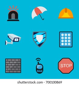 Set Of 9 Editable Procuring Flat Icons. Includes Symbols Such As Password, Hardhat, Barrier And More. Can Be Used For Web, Mobile, UI And Infographic Design.