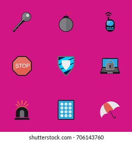 Set Of 9 Editable Procuring Flat Icons. Includes Symbols Such As Password, Alarm, Parasol And More. Can Be Used For Web, Mobile, UI And Infographic Design.