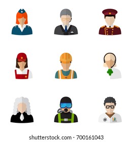 Set Of 9 Editable Profession Flat Icons. Includes Symbols Such As Doorman, Stewardess, Servant And More. Can Be Used For Web, Mobile, UI And Infographic Design.