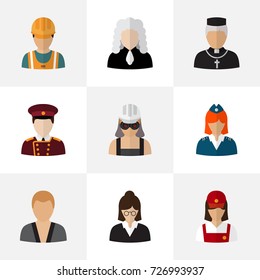 Set Of 9 Editable Profession Flat Icons. Includes Symbols Such As Padre, Servant, Doorman And More. Can Be Used For Web, Mobile, UI And Infographic Design.