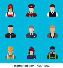 Set Of 9 Editable Profession Flat Icons. Includes Symbols Such As Doorman, Padre, Servant And More. Can Be Used For Web, Mobile, UI And Infographic Design.