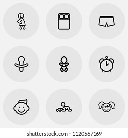 Set of 9 editable relatives icons line style. Includes symbols such as pregnant woman, child, alarm and more. Can be used for web, mobile, UI and infographic design.