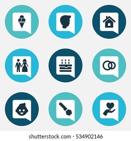 Set Of 9 Editable Relatives Icons. Includes Symbols Such As Patisserie, Baby, Married And More. Can Be Used For Web, Mobile, UI And Infographic Design.