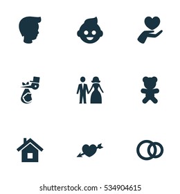 Set Of 9 Editable Relatives Icons. Includes Symbols Such As Heart, Love, Hoop And More. Can Be Used For Web, Mobile, UI And Infographic Design.
