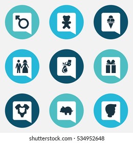 Set Of 9 Editable Relatives Icons. Includes Symbols Such As Boy, Toy, Cold Dessert And More. Can Be Used For Web, Mobile, UI And Infographic Design.