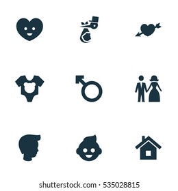 Conjunto De 9 Iconos Relativos Editables. Incluye Símbolos Como Amor, Hombre Emblema, Alma Y Más. Se Puede Usar Para Diseño Web, Móvil, UI E Infográfico.