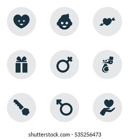 Set Of 9 Editable Relatives Icons. Includes Symbols Such As Soul, Child, Baby And More. Can Be Used For Web, Mobile, UI And Infographic Design.