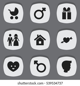 Set Of 9 Editable Relatives Icons. Includes Symbols Such As Married, Woman Sign, Perambulator And More. Can Be Used For Web, Mobile, UI And Infographic Design.