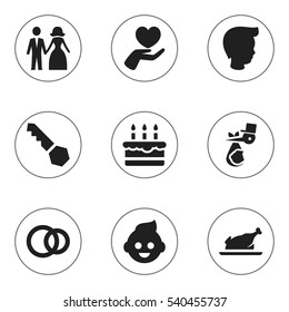 Set Of 9 Editable Relatives Icons. Includes Symbols Such As Boy, Fried Chicken, Child And More. Can Be Used For Web, Mobile, UI And Infographic Design.