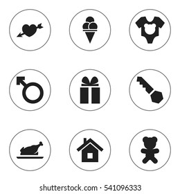 Set Of 9 Editable Relatives Icons. Includes Symbols Such As Cold Dessert, Home, Fried Chicken And More. Can Be Used For Web, Mobile, UI And Infographic Design.