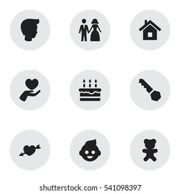Set Of 9 Editable Relatives Icons. Includes Symbols Such As Heart, Baby, Boy And More. Can Be Used For Web, Mobile, UI And Infographic Design.