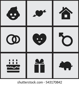Set Of 9 Editable Relatives Icons. Includes Symbols Such As Moneybox, Man Emblem, Love And More. Can Be Used For Web, Mobile, UI And Infographic Design.
