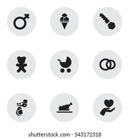 Set Of 9 Editable Relatives Icons. Includes Symbols Such As Fried Chicken, Heart, Toy And More. Can Be Used For Web, Mobile, UI And Infographic Design.