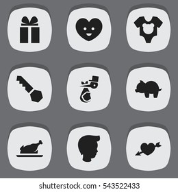 Set Of 9 Editable Relatives Icons. Includes Symbols Such As Child, Bodysuit, Gift And More. Can Be Used For Web, Mobile, UI And Infographic Design.