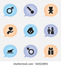 Set Of 9 Editable Relatives Icons. Includes Symbols Such As Toy, Man Emblem, Fried Chicken And More. Can Be Used For Web, Mobile, UI And Infographic Design.