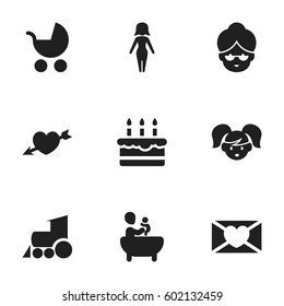 Set Of 9 Editable Relatives Icons. Includes Symbols Such As Affection Letter, Grandma, Daughter. Can Be Used For Web, Mobile, UI And Infographic Design.