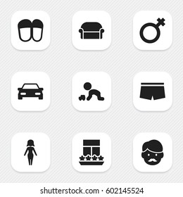 Set Of 9 Editable Relatives Icons. Includes Symbols Such As Automobile, Swimming Trunks, Woman Sign And More. Can Be Used For Web, Mobile, UI And Infographic Design.
