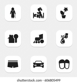 Set Of 9 Editable Relatives Icons. Includes Symbols Such As Swimming Trunks, Sleeping Daughter, House Key And More. Can Be Used For Web, Mobile, UI And Infographic Design.