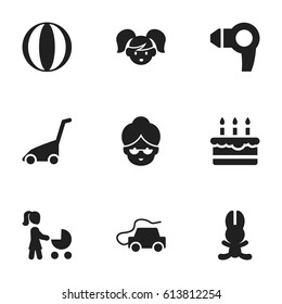 Set Of 9 Editable Relatives Icons. Includes Symbols Such As Patisserie, Grass Cutting Machine, Balloon And More. Can Be Used For Web, Mobile, UI And Infographic Design.