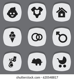 Set Of 9 Editable Relatives Icons. Includes Symbols Such As Bodysuit, Hoop, Cold Dessert And More. Can Be Used For Web, Mobile, UI And Infographic Design.