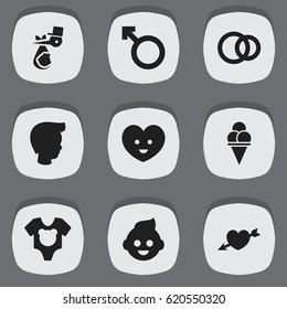 Set Of 9 Editable Relatives Icons. Includes Symbols Such As Soul, Boy, Bodysuit And More. Can Be Used For Web, Mobile, UI And Infographic Design.