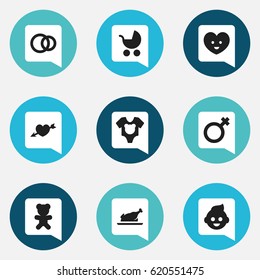 Set Of 9 Editable Relatives Icons. Includes Symbols Such As Woman Sign, Soul, Perambulator And More. Can Be Used For Web, Mobile, UI And Infographic Design.