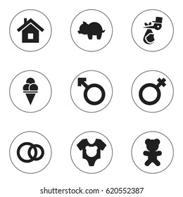 Set Of 9 Editable Relatives Icons. Includes Symbols Such As Man Emblem, Moneybox, Home And More. Can Be Used For Web, Mobile, UI And Infographic Design.