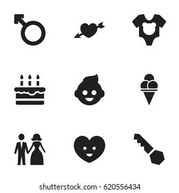 Set Of 9 Editable Relatives Icons. Includes Symbols Such As Love, Man Emblem, Cold Dessert And More. Can Be Used For Web, Mobile, UI And Infographic Design.