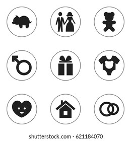 Set Of 9 Editable Relatives Icons. Includes Symbols Such As Home, Man Emblem, Gift And More. Can Be Used For Web, Mobile, UI And Infographic Design.