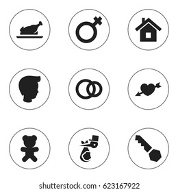Set Of 9 Editable Relatives Icons. Includes Symbols Such As Home, Woman Sign, Hoop And More. Can Be Used For Web, Mobile, UI And Infographic Design.