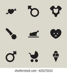 Set Of 9 Editable Relatives Icons. Includes Symbols Such As Lock, Woman Sign, Cold Dessert And More. Can Be Used For Web, Mobile, UI And Infographic Design.