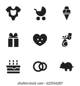 Set Of 9 Editable Relatives Icons. Includes Symbols Such As Bodysuit, Moneybox, Perambulator And More. Can Be Used For Web, Mobile, UI And Infographic Design.