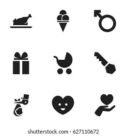 Set Of 9 Editable Relatives Icons. Includes Symbols Such As Heart, Child, Gift And More. Can Be Used For Web, Mobile, UI And Infographic Design.