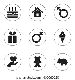 Set Of 9 Editable Relatives Icons. Includes Symbols Such As Home, Gift, Patisserie And More. Can Be Used For Web, Mobile, UI And Infographic Design.