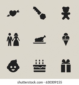 Set Of 9 Editable Relatives Icons. Includes Symbols Such As Love, Cold Dessert, Patisserie And More. Can Be Used For Web, Mobile, UI And Infographic Design.